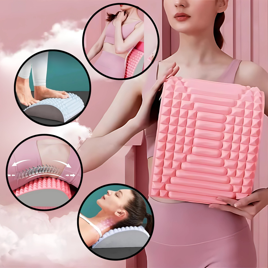 Pink back stretcher massager shown with various usage positions and acupressure details