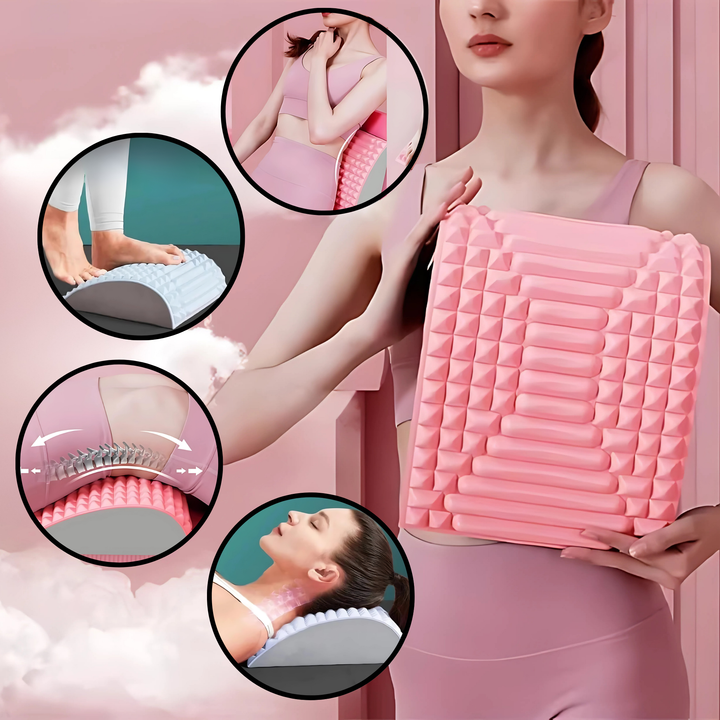 Pink back stretcher massager shown with various usage positions and acupressure details