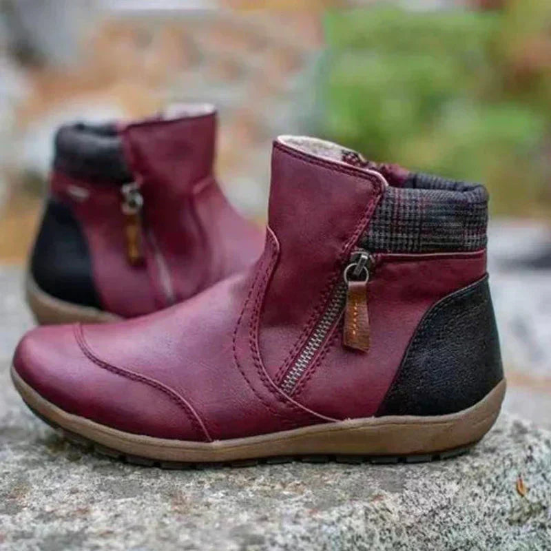 Red orthopedic waterproof ankle boot showcasing side zipper detail