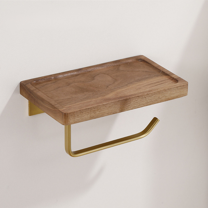 Walnut tissue holder and storage shelf for bathroom organization