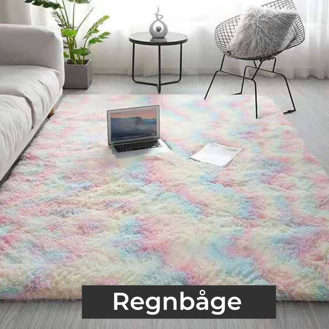 Neutral-toned shag rug complementing contemporary living room furniture