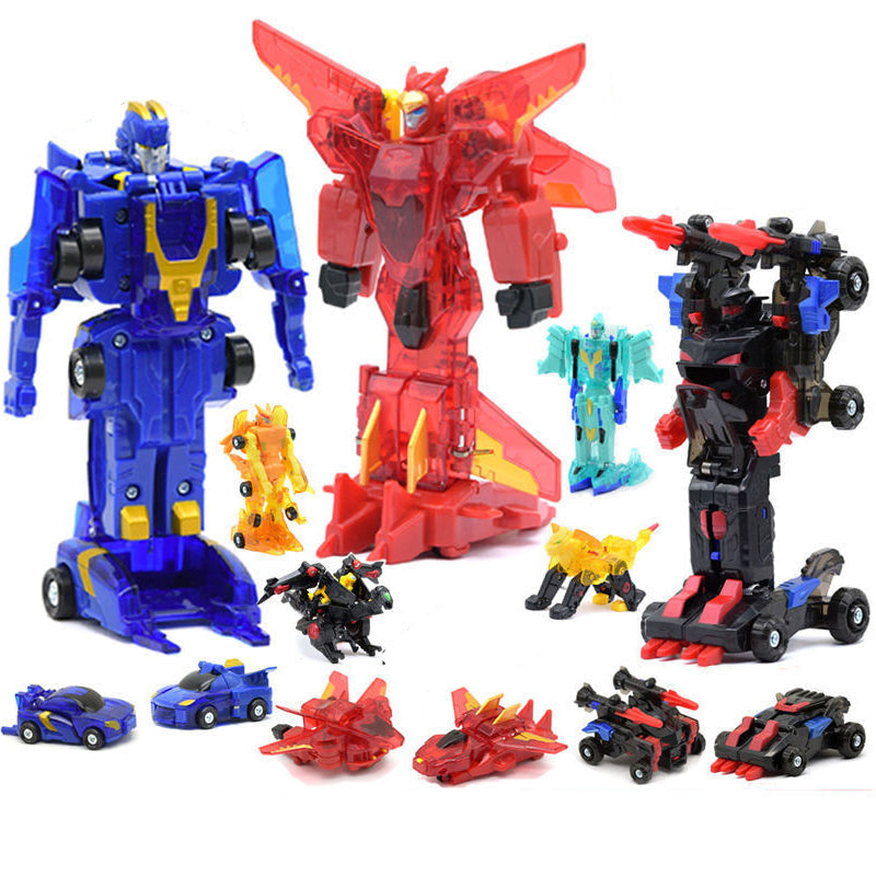 Collection of colorful magnetic deformation robot cars in red, blue, and black