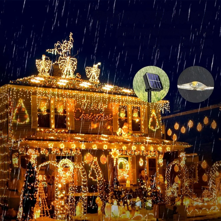 Durable waterproof string lights glowing brightly in an exterior setting