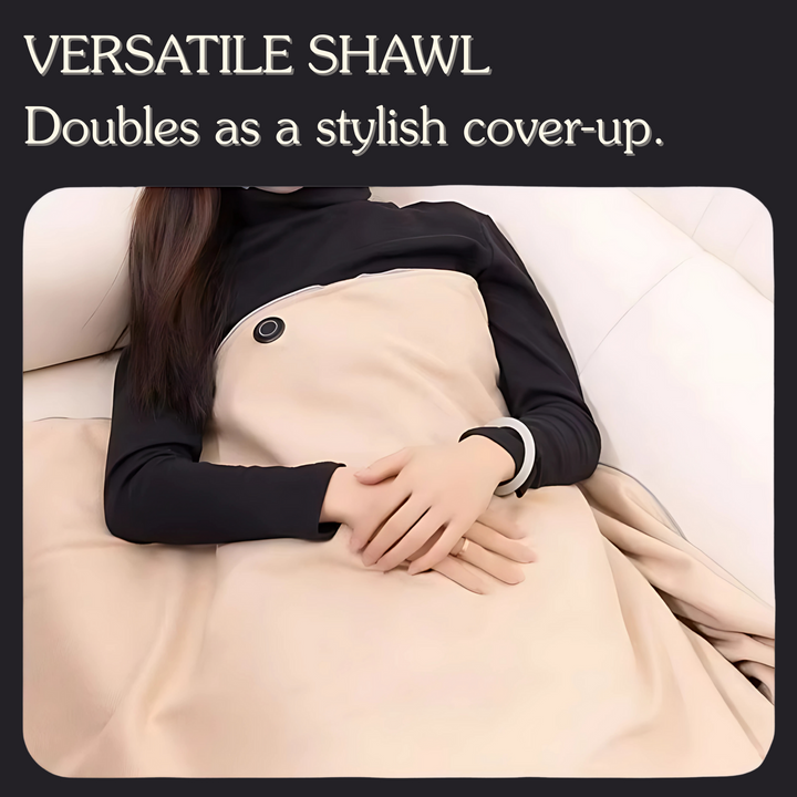 Model wearing cozy wearable warmer outdoors during a chilly autumn day
