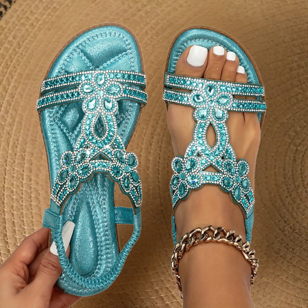 Women's sparkling flat orthopedic sandals with rhinestone embellishments in casual summer style