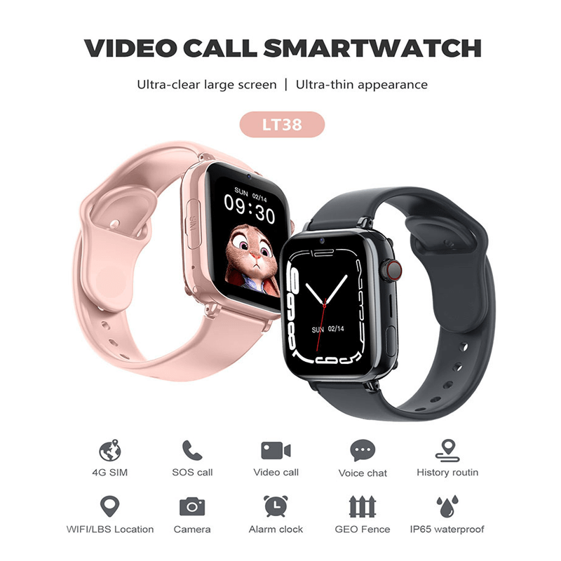 Pink kids GPS tracking watch showing interactive touchscreen display