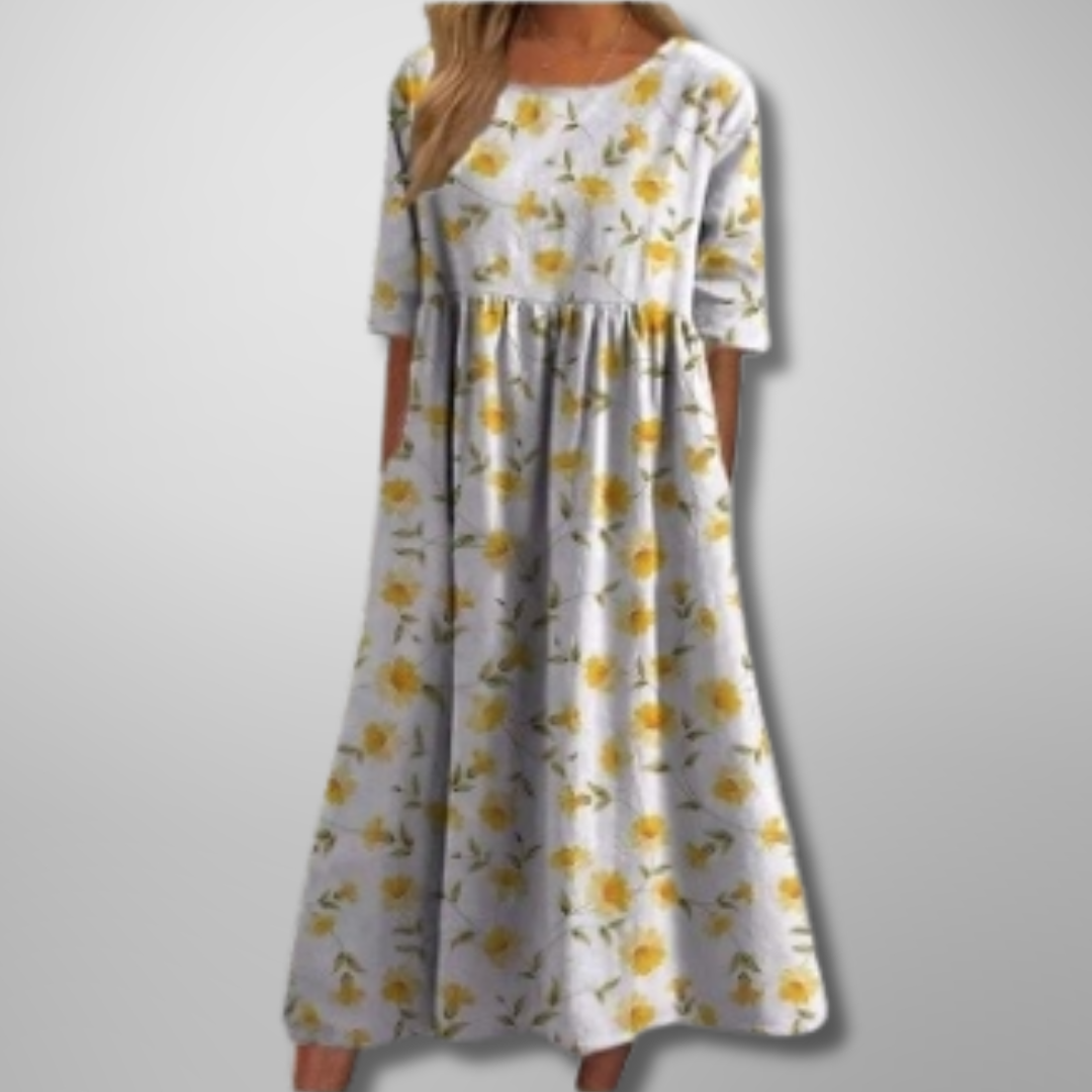 Close-up of lightweight fabric and floral design on women's casual dress
