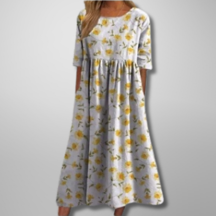 Close-up of lightweight fabric and floral design on women's casual dress