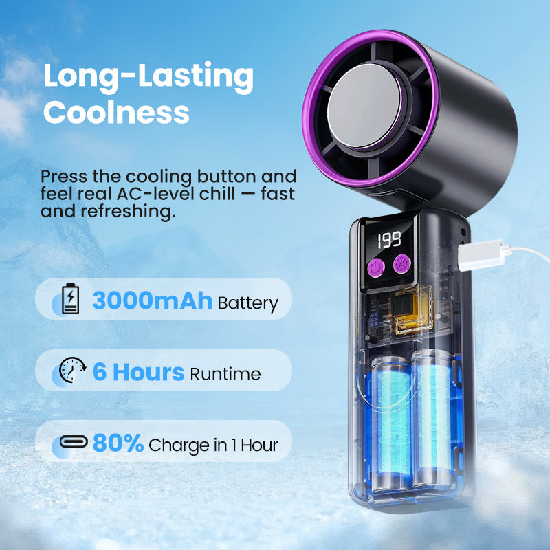 Close-up view of the digital display screen on the rechargeable mini fan