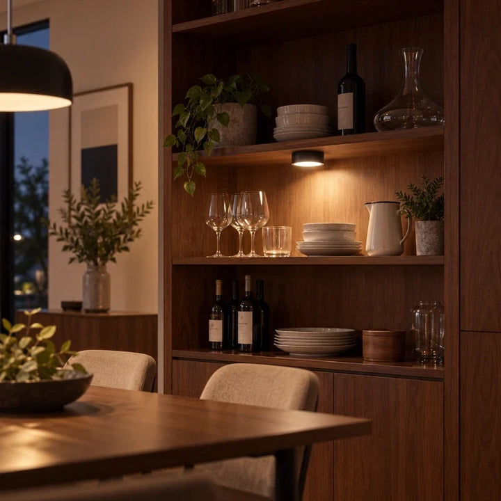 Wireless art lighting unit displaying its USB charging cable and compact remote control