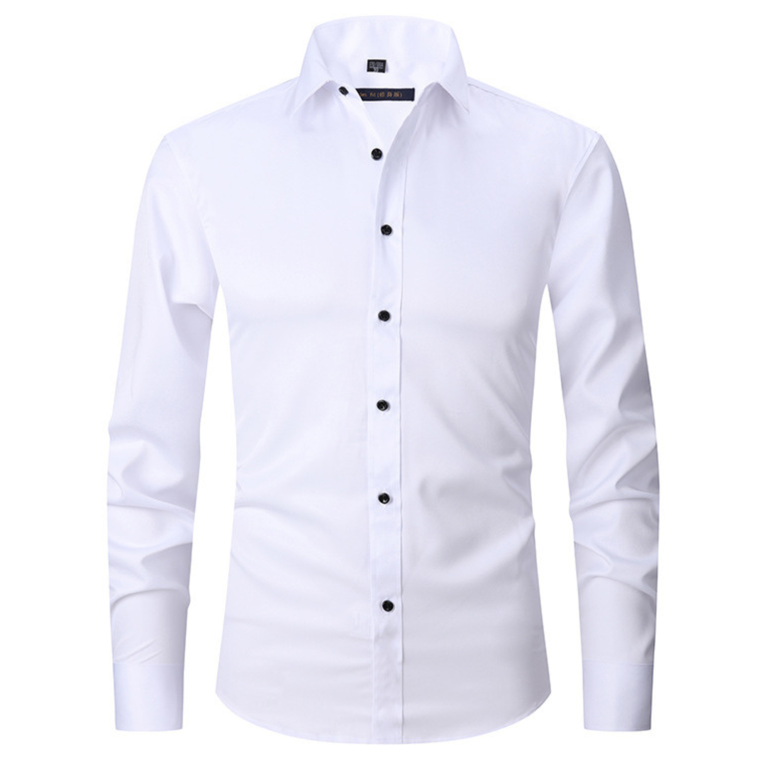 Detailed front view of a white men's long sleeve work shirt