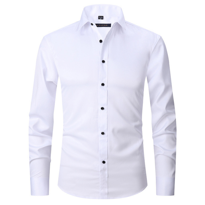 Detailed front view of a white men's long sleeve work shirt