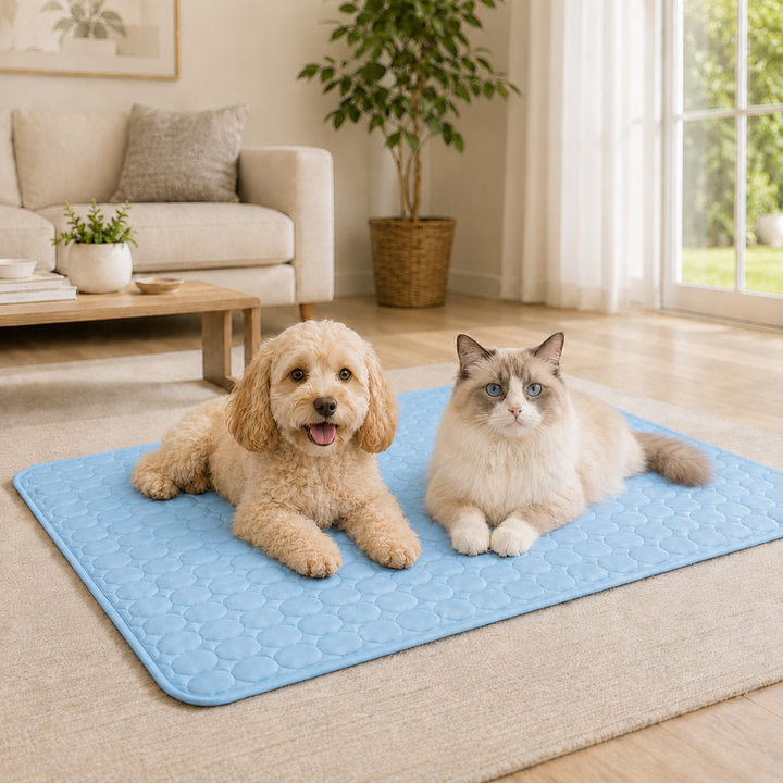 Poodle and cat lying together on a cooling pet mat in a living room