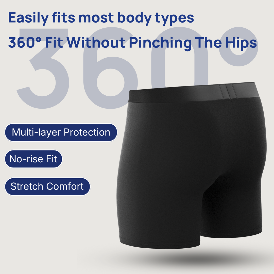Men's absorbent underwear showing side profile and stretch fit