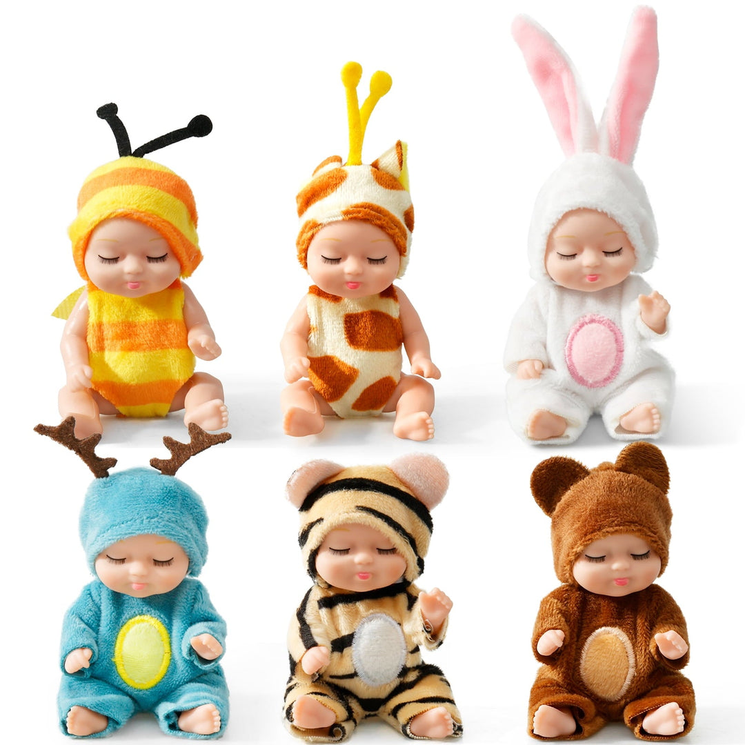 Six mini reborn baby dolls displayed in various animal onesies on a white background