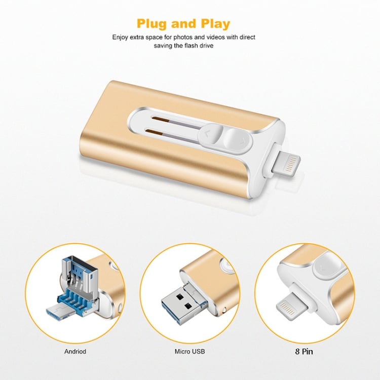 Golden 4-in-1 USB flash drive with plug and play interface views