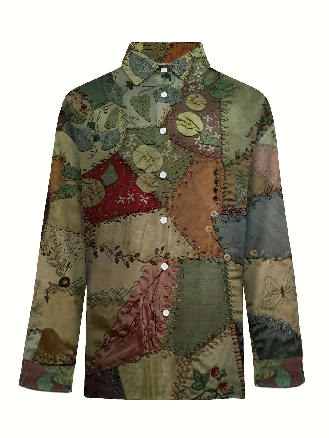 Front flat lay view of the artistic patchwork style patterned top