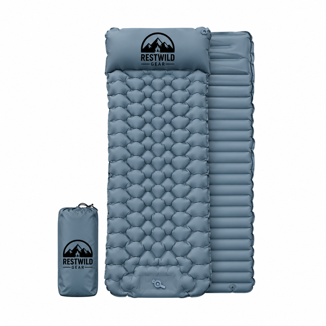 Compact hiking sleeping pad rolled up tightly next to a trekking backpack