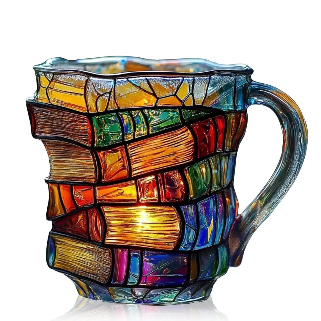 Angle view of hand-painted book lover glass mug and coffee cup
