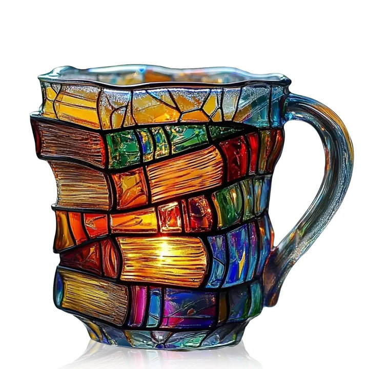 Angle view of hand-painted book lover glass mug and coffee cup