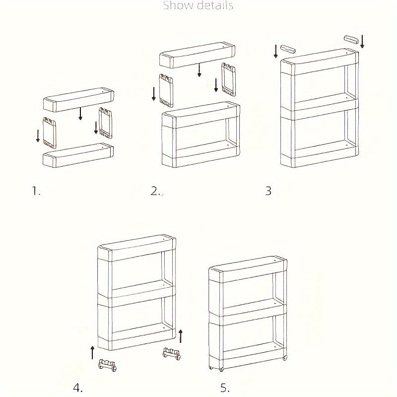 Narrow storage trolley with wheels showcasing tiered shelves filled with kitchen items