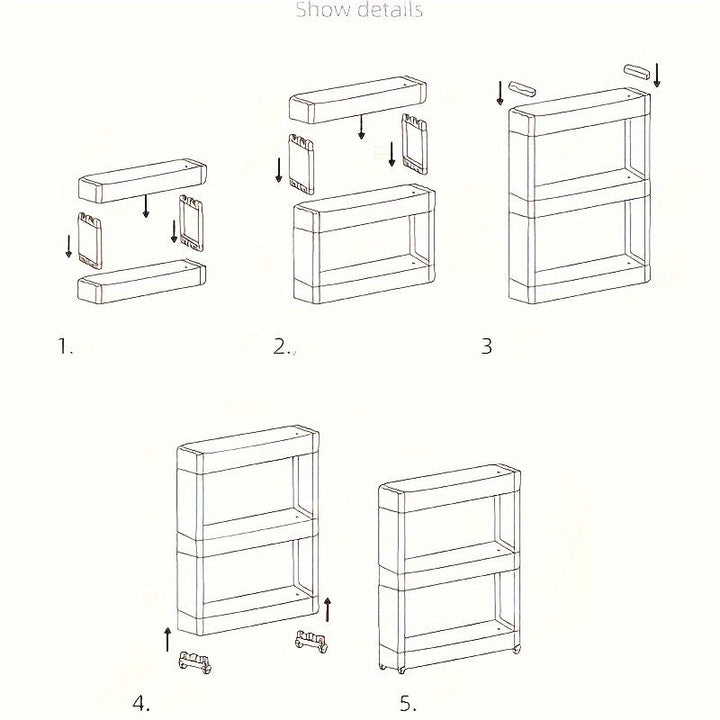 Narrow storage trolley with wheels showcasing tiered shelves filled with kitchen items
