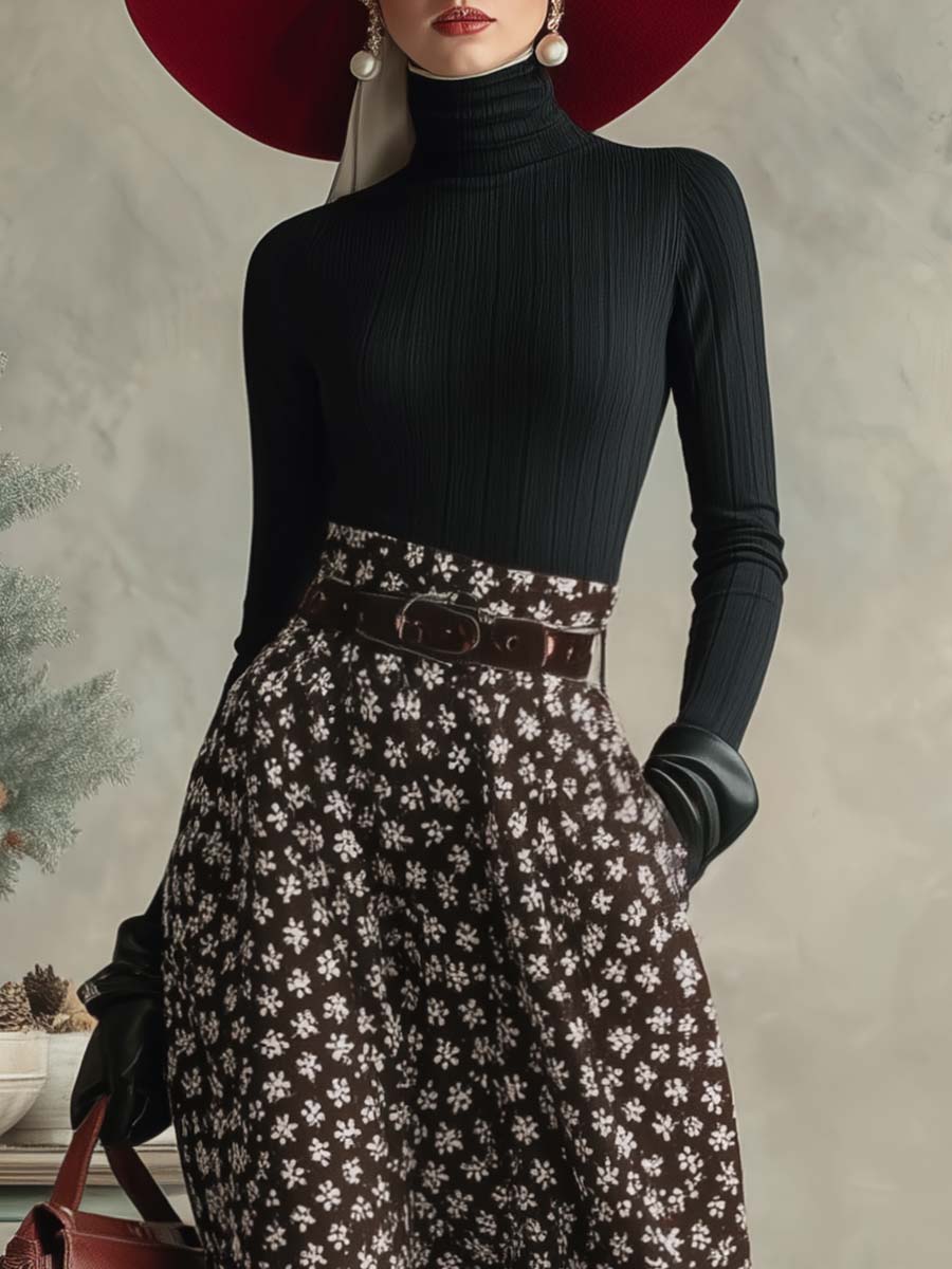 Casual chic winter outfit featuring a turtleneck top and snowflake print skirt