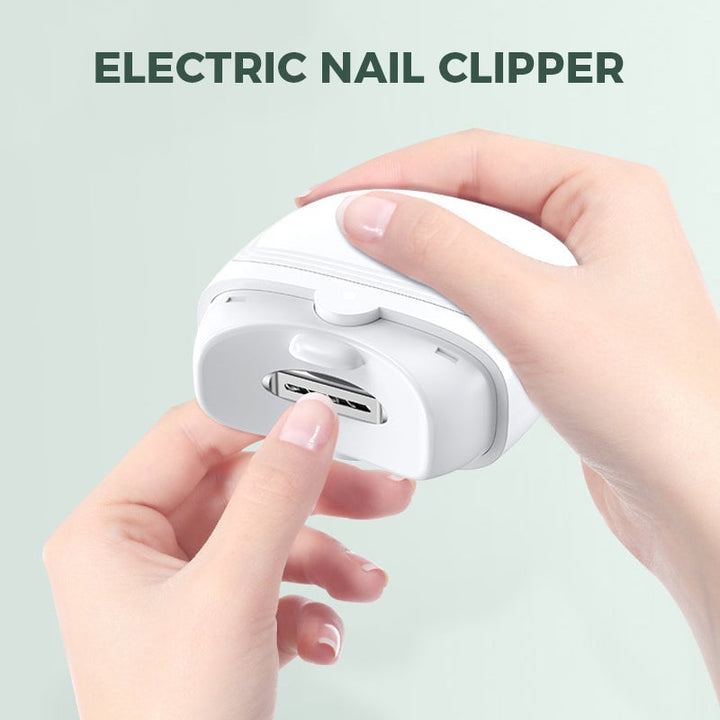 Portable grooming tool electric nail clipper shown inside travel pouch