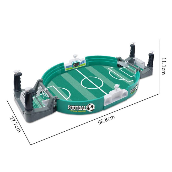 Compact table football game board featuring score counters and ergonomic control handles