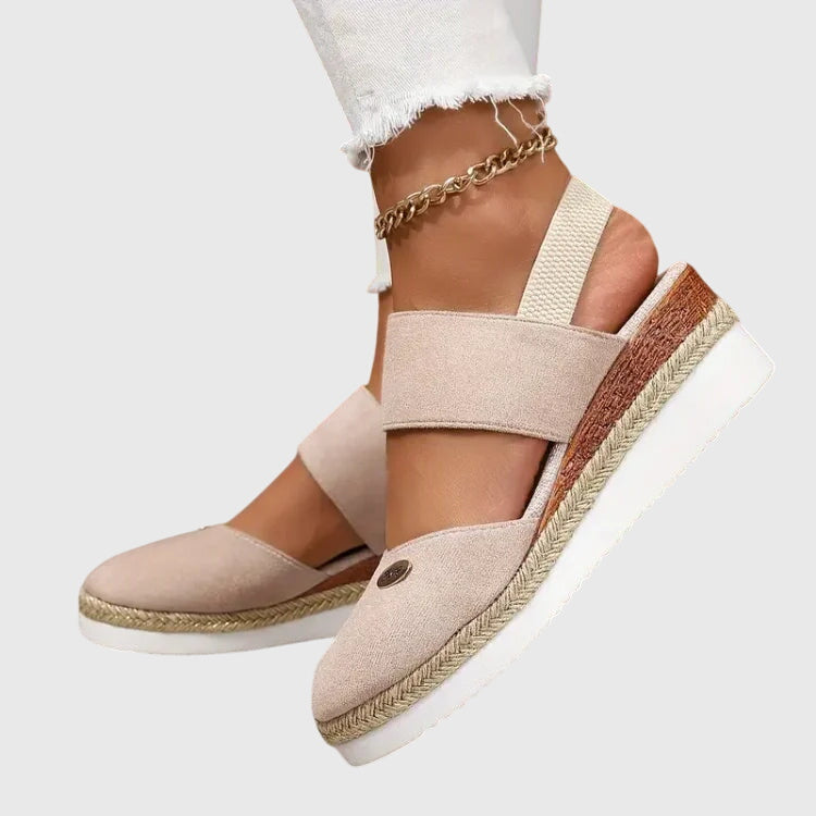 Side profile of comfortable platform sandals with arch support