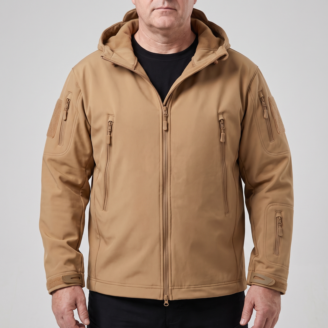 Man wearing khaki insulated waterproof outdoor jacket with hood