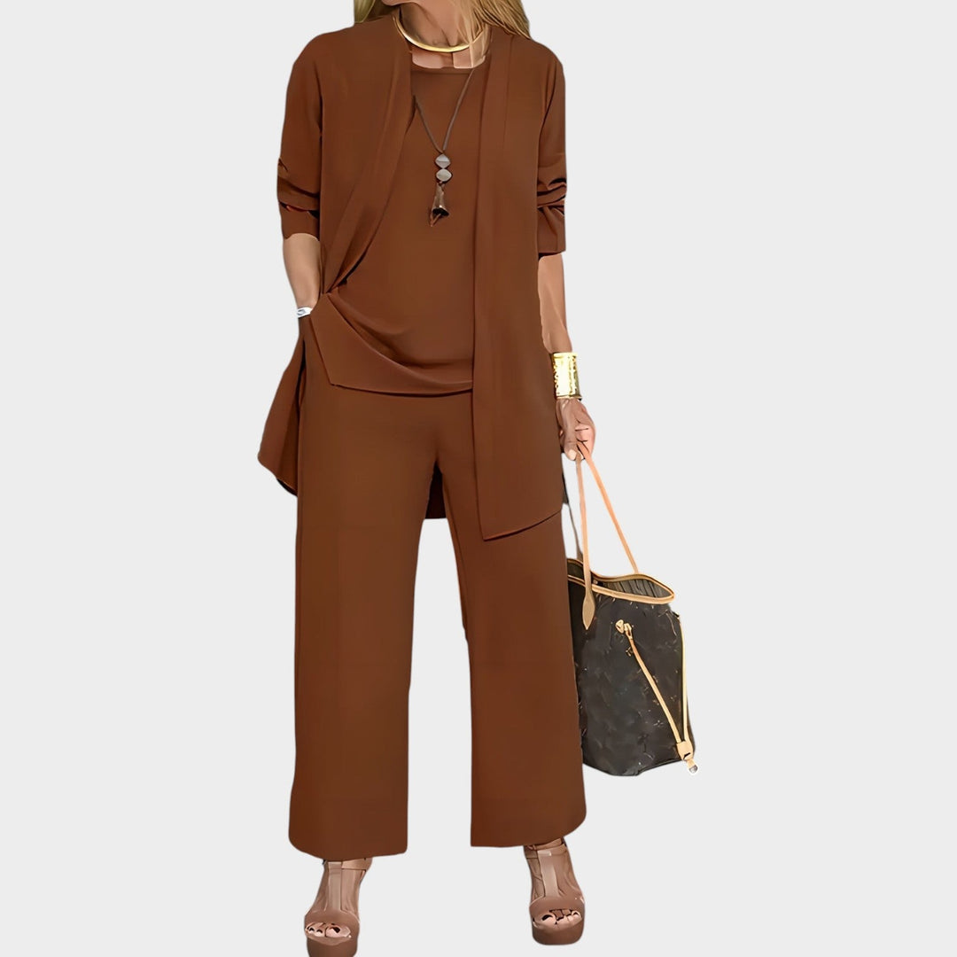 Elegant matching cardigan and trousers outfit for women workwear