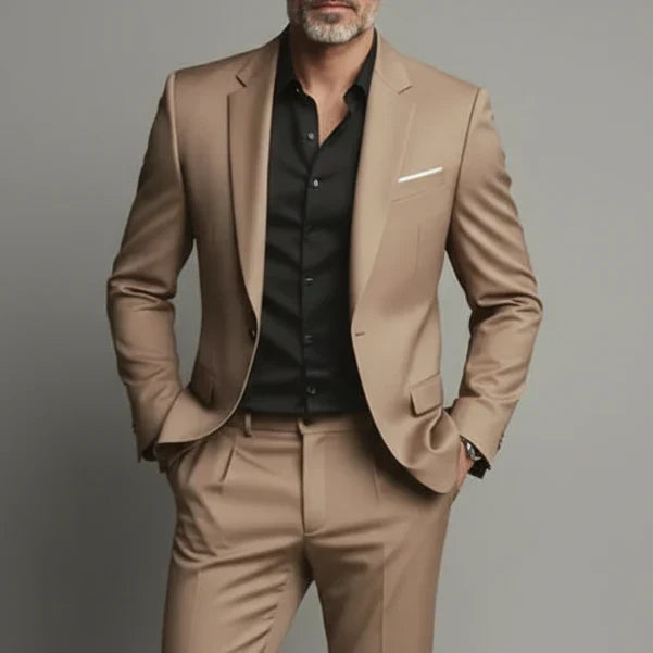 Close-up of the fabric texture and button detail on the blazer