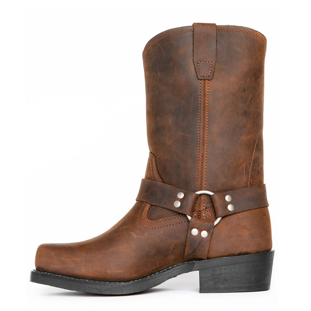 Brown men's Western cowboy boot with harness detail and block heel