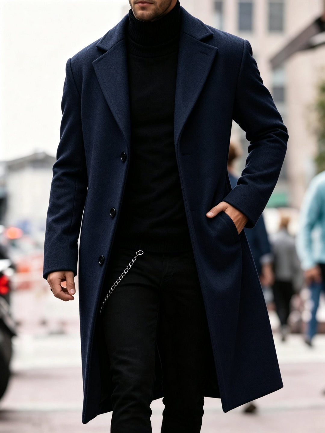 Close-up of man in navy long trench coat and turtleneck