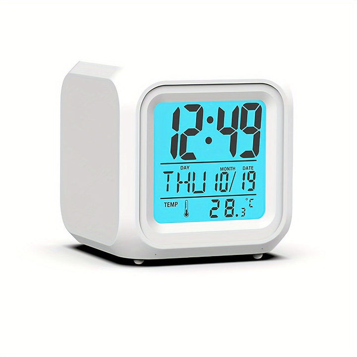 Studio shot of the compact white cube LED alarm clock against a clean background
