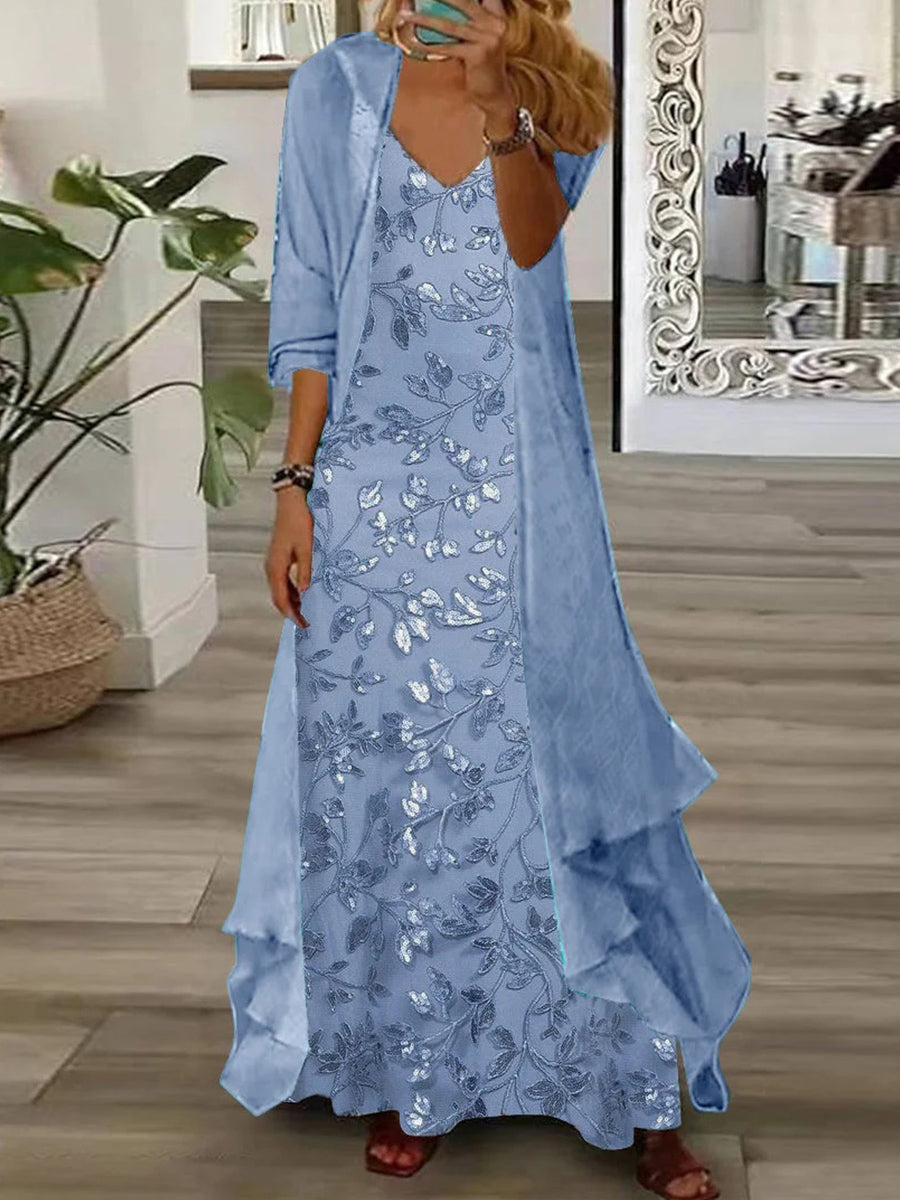 Woman wearing a blue floral V-neck long-sleeve two-piece maxi set