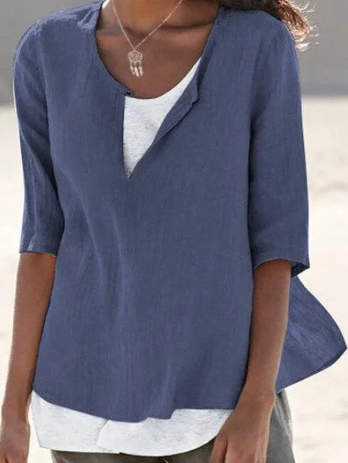Three-quarter sleeve relaxed fit women's layered blouse with v-notch neck
