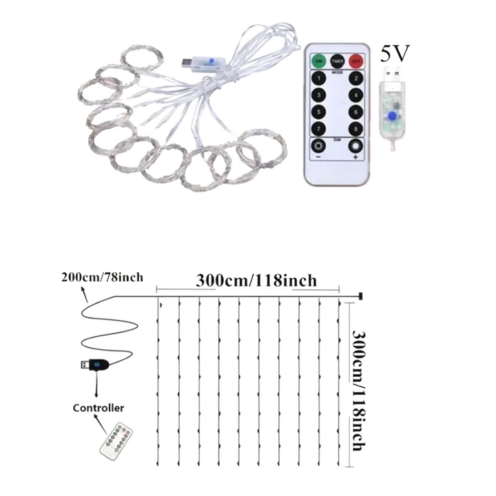Coiled USB LED curtain lights with remote control and size measurement diagram
