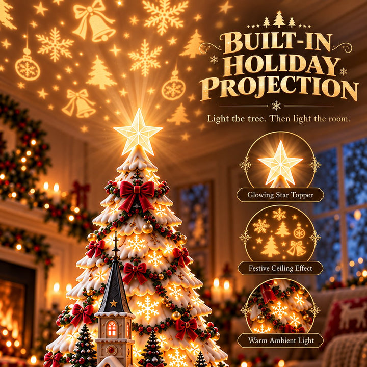 Miniature christmas village tree with built-in light projection