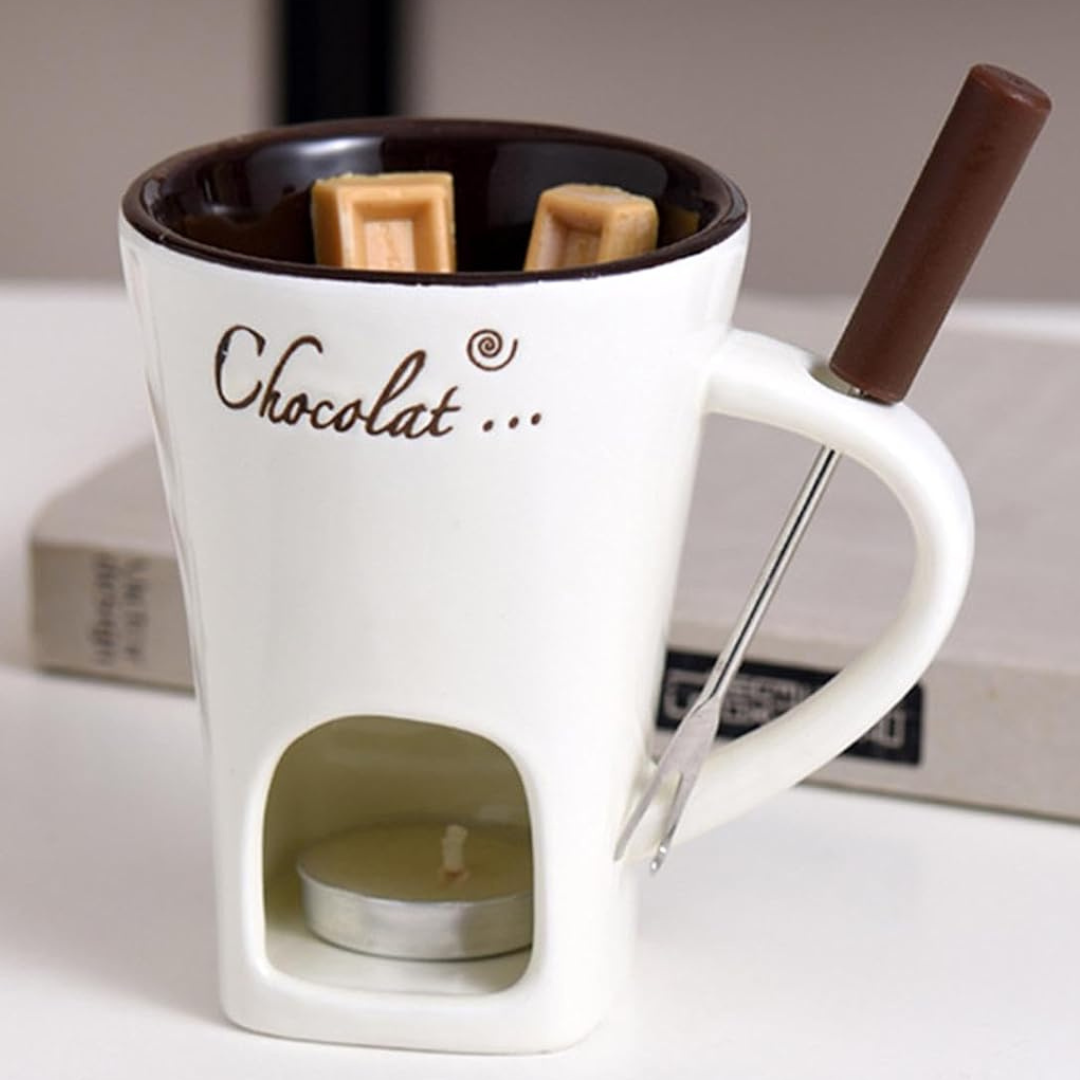 Complete ceramic chocolate and cheese fondue bowl setup