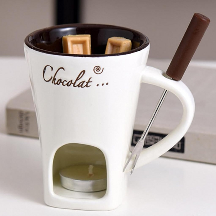 Complete ceramic chocolate and cheese fondue bowl setup