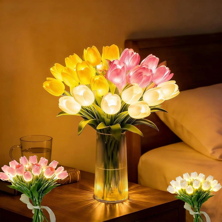Cordless LED tulip flower lamp providing warm ambient room lighting for bedrooms