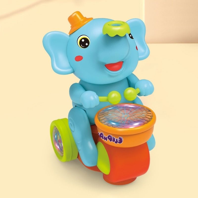 Detailed view of the blue baby elephant musical drum toy