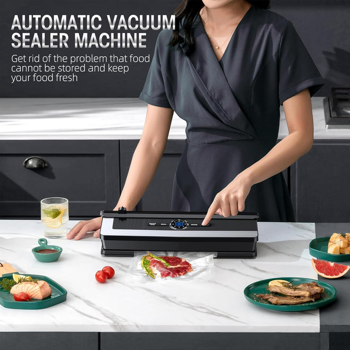 Woman operating the automatic vacuum sealer machine in a modern kitchen