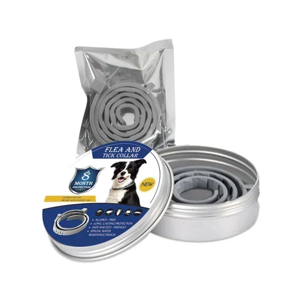 Grey flea and tick protection collar shown alongside its protective silver storage tin and sealed pouch