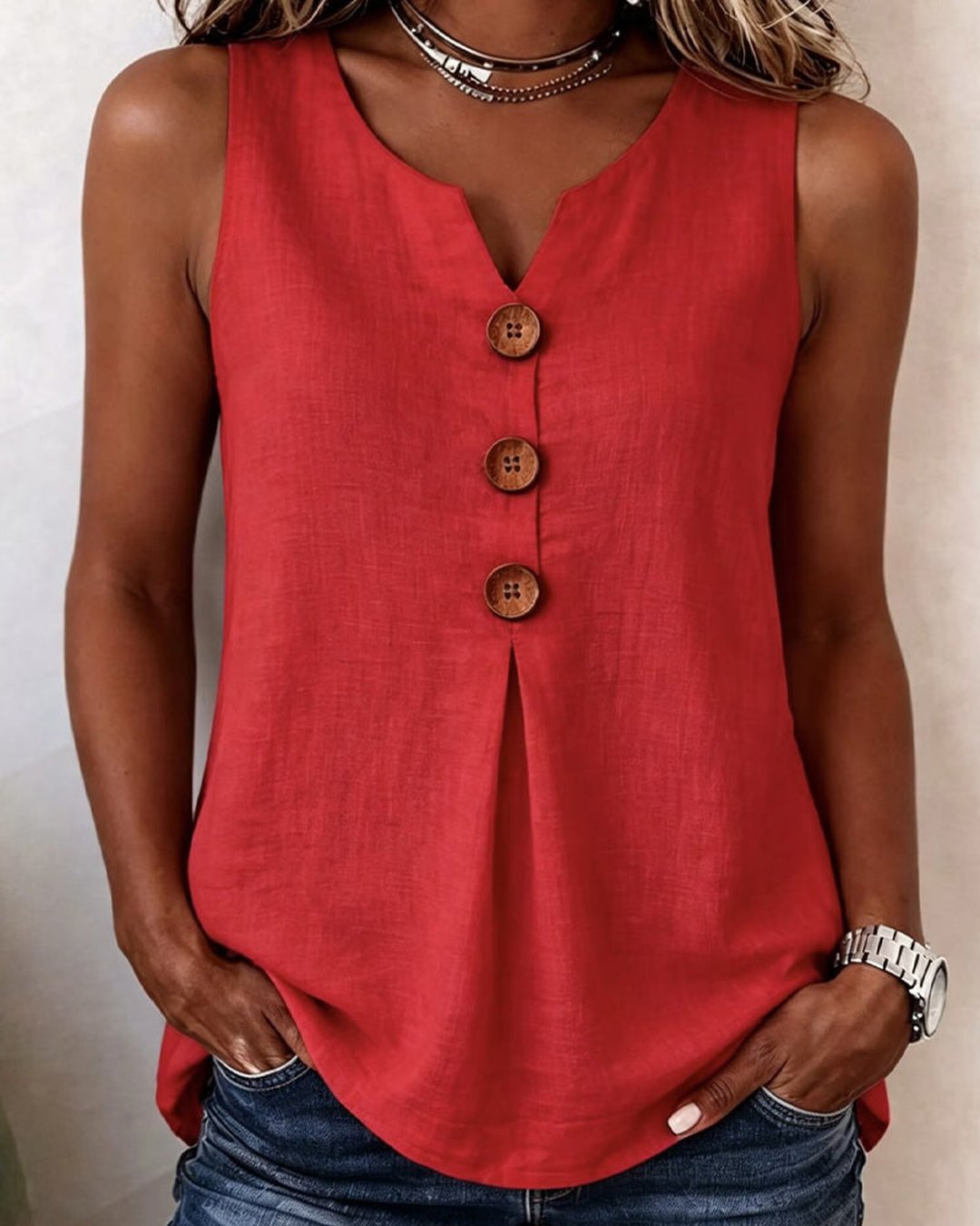Women's casual sleeveless button tank top in relaxed fit front view