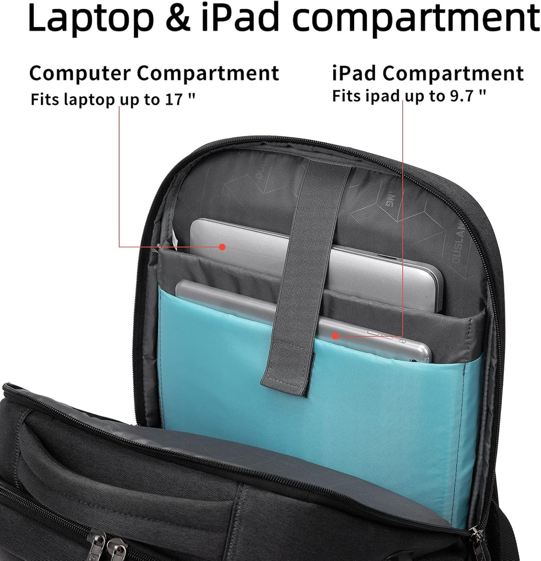 Business professional wearing the sleek work travel backpack