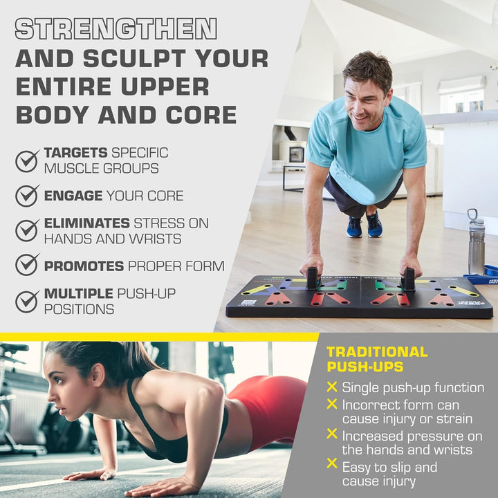 Man using the folding push-up training board in a bright living room