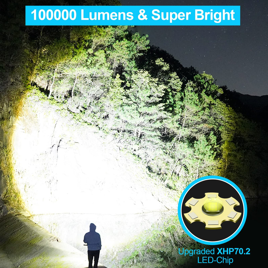 Powerful LED torch illuminating a dark wooded outdoor area at night